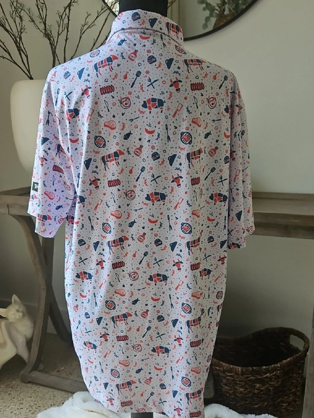 Waggle Men's Casual White Polo Shirt with Red & Navy Novelty Print. Size L - Picture 2 of 4